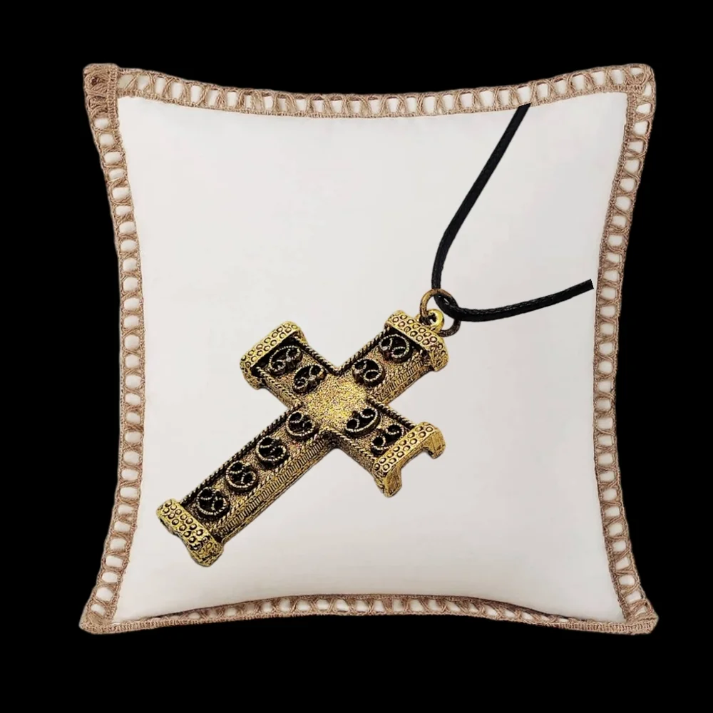 Gold Plated Cross with a Beautiful Embossed Design and Black Leather Necklace